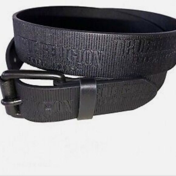 True Religion Van Textured Logo Repeat Roller Buckle Belt Size 36 - 38 - Picture 6 of 7